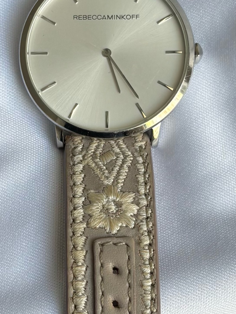 Rebecca Minkoff Beige Embroidered Strap Watch with Silver Dial